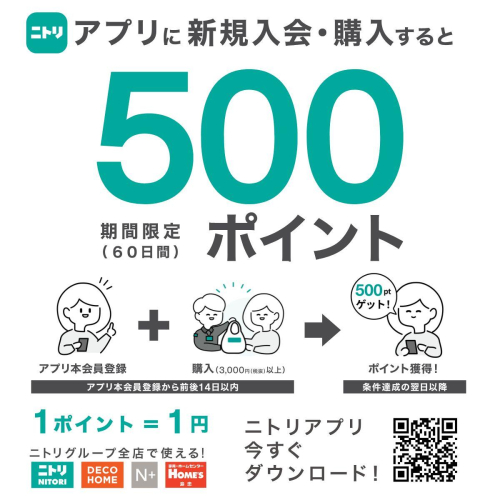 ニトリアプリに新規入会・購入で500ポイント！