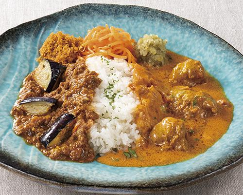 一皿で２種類のカリーが楽しめるハーフ＆ハーフ♪（チキンティッカ＆キーマ）