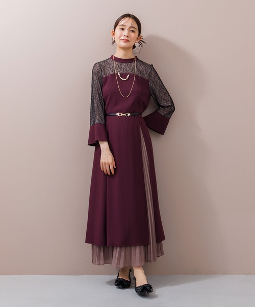 スタンドカラースリットワンピース+プリーツスカート