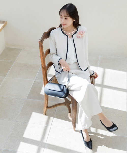 ノーカラーツイードジャケット＆ワイドパンツ セットアップスーツ/2点セット