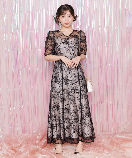 スパンコール刺繍レース ワンピースドレス