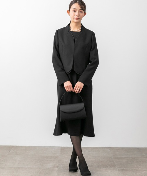 【喪服】【前ファスナー】スタンドカラージャケット＆セミフレアワンピース　ブラックフォーマルスーツ