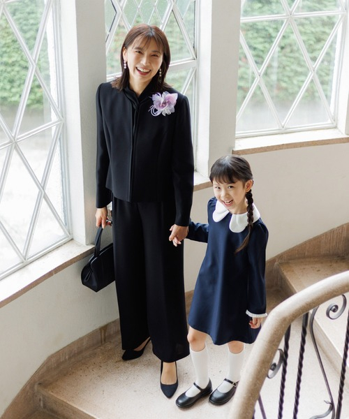 【喪服・礼服】ボウタイブラウス付きワイドパンツ　ブラックフォーマルスーツ