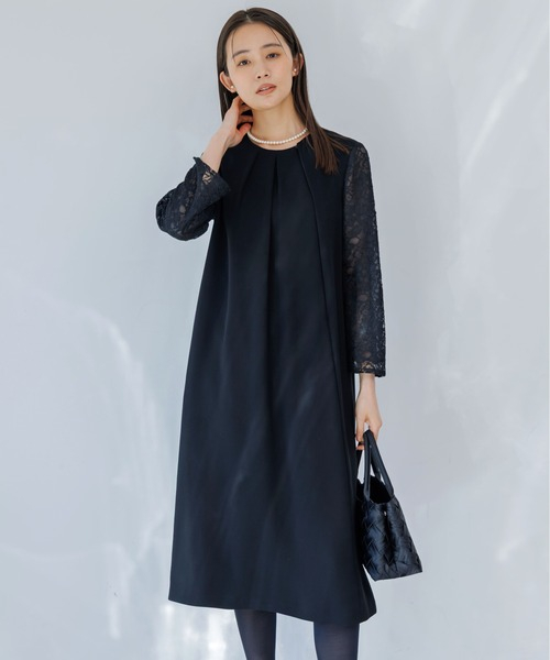 【喪服・礼服】【洗える】【慶弔両用】レース袖ブラックフォーマルワンピース