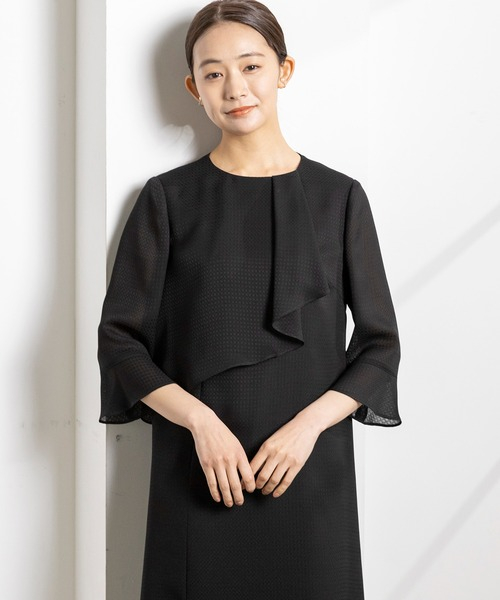 【喪服】【洗える】ボウタイフリルセミフレア ブラックフォーマルワンピース